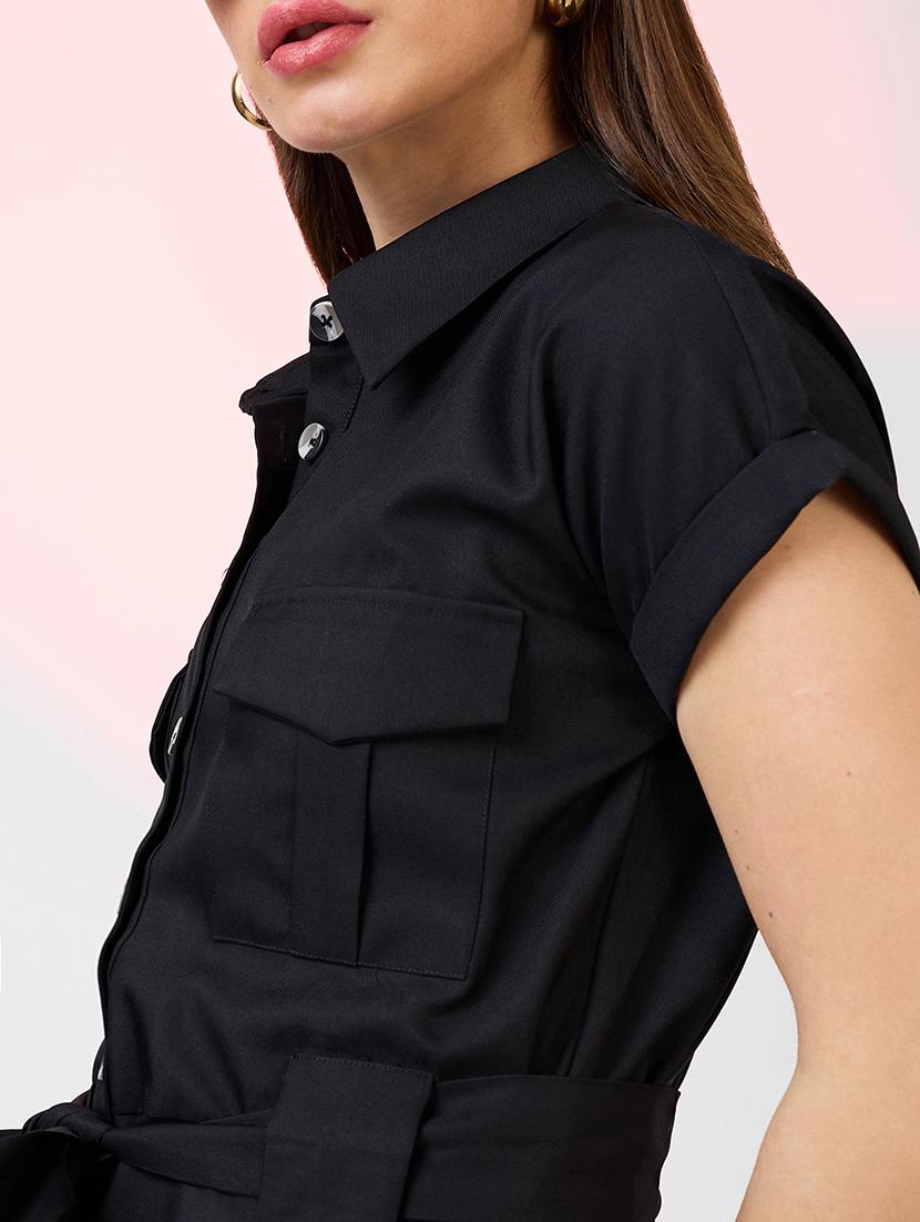 globus women black shirt collar extended sleeves front pockets utility belted jumpsuit - 21718345 - Standard Image - 2