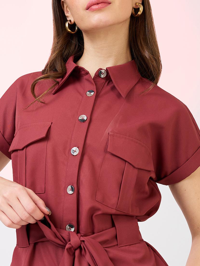 globus women rust shirt collar extended sleeves front pockets utility belted jumpsuit - 21718346 - Standard Image - 2