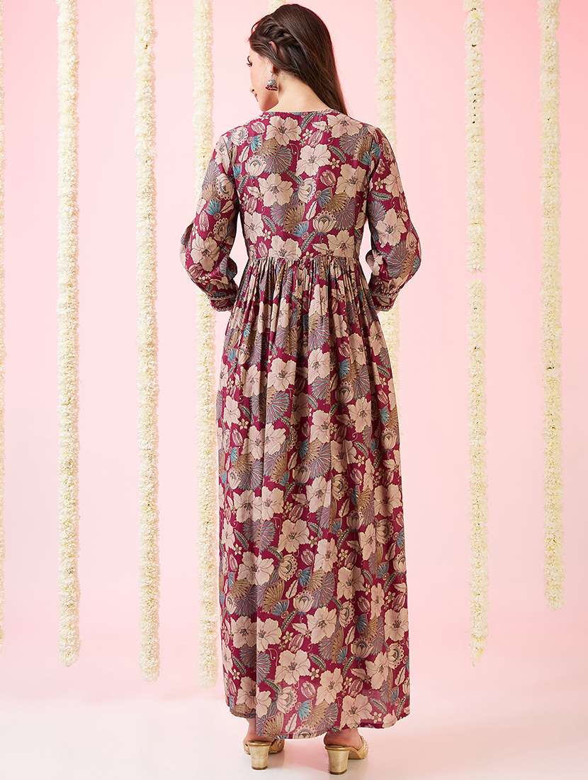 globus women maroon sweetheart neck embroidered detail gold foil floral print gathered a-line fusion maxi dress - 21718350 -  Standard Image - 2