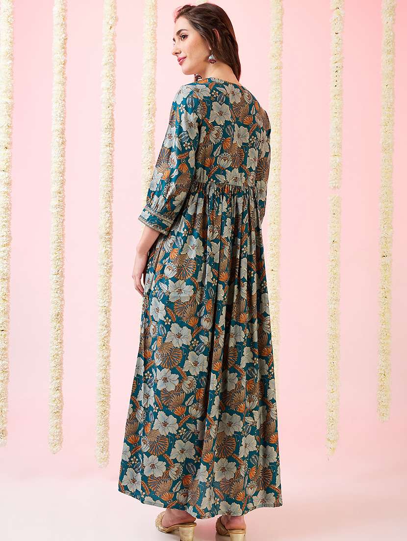 globus women teal sweetheart neck embroidered detail gold foil floral print gathered a-line fusion maxi dress - 21718351 -  Standard Image - 2