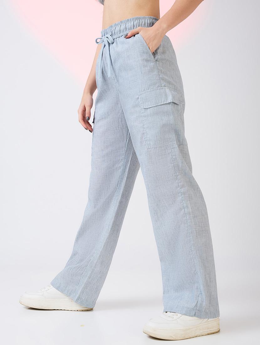 globus women light blue self design checkered mid rise drawstring waist cargo trousers - 21718352 - Standard Image - 2