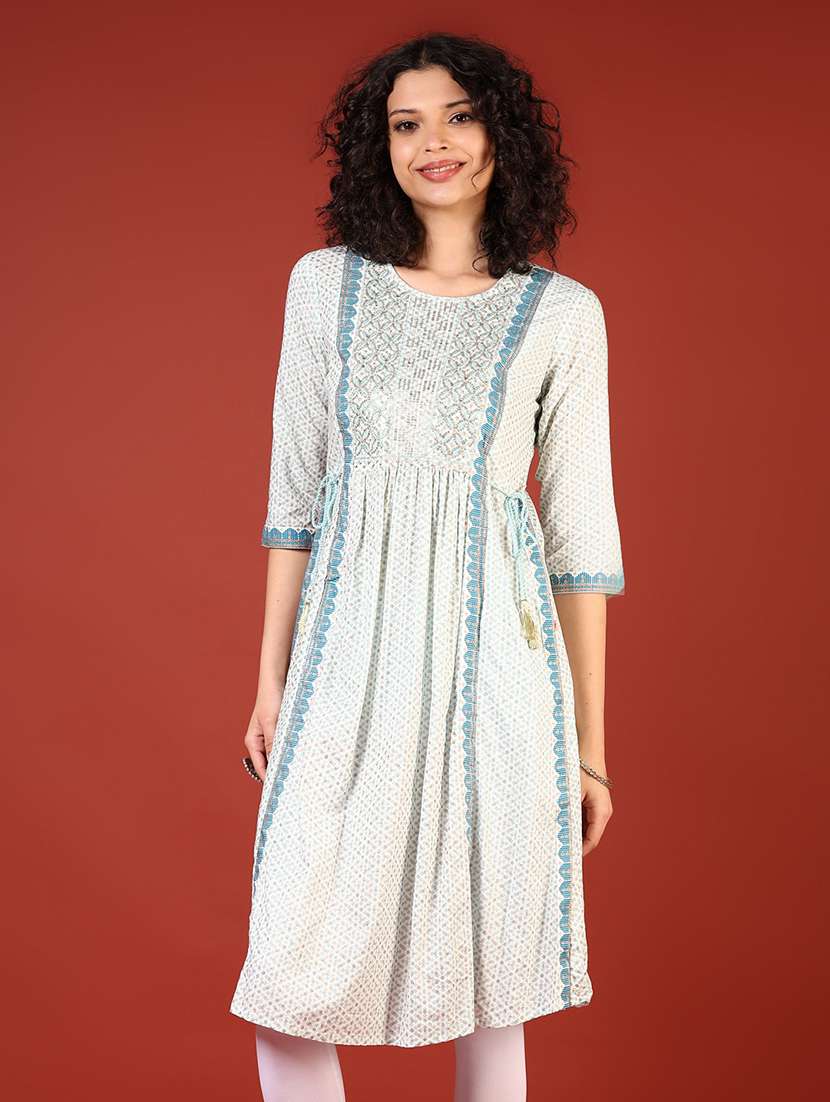 women printed three quarter sleeve a-line kurta