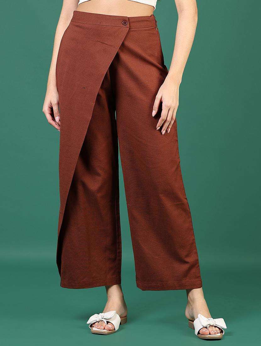 women brown solid mid rise wide leg trouser
