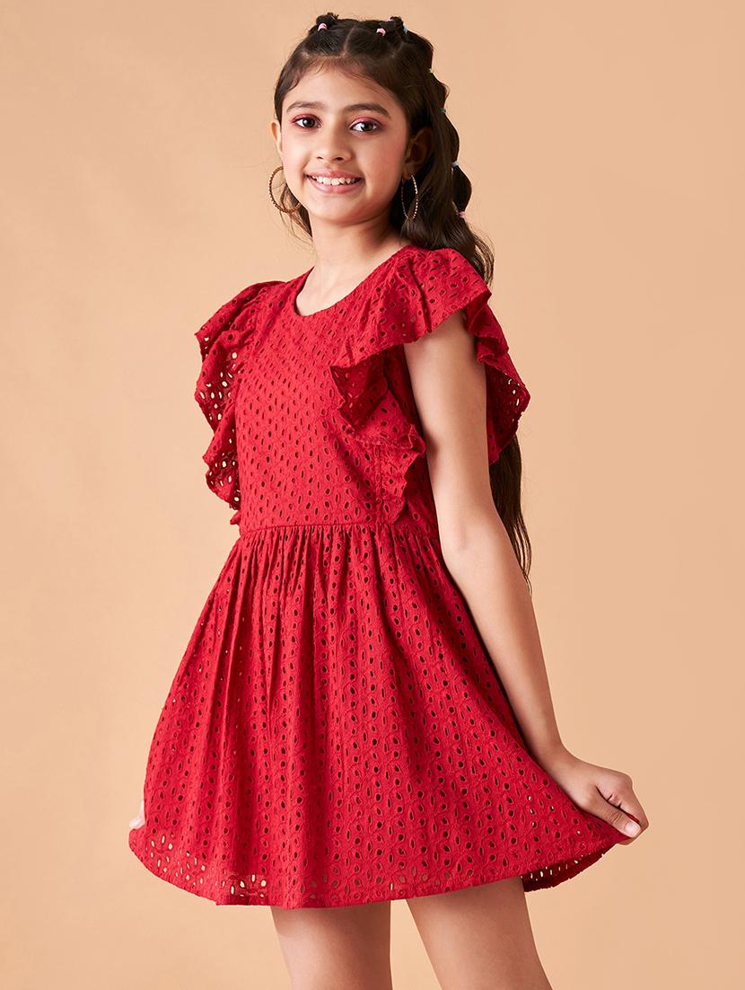 girls solid ruffled sleeves fit & flare dress - 21718545 - Standard Image - 2