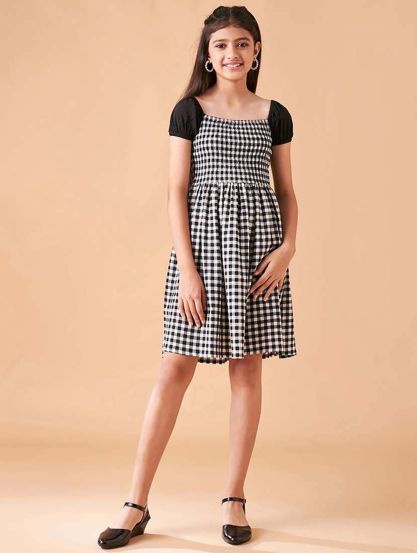 girls checkered puff sleeves fit & flare dress