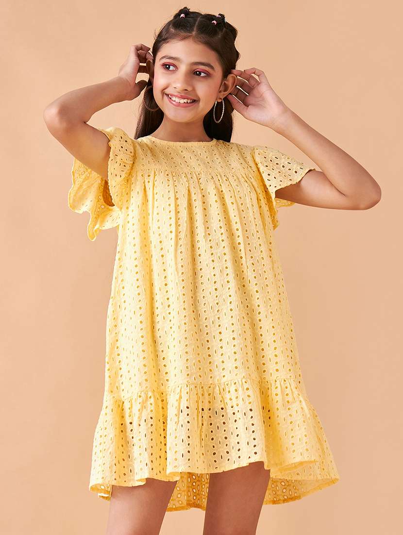 girls solid flute sleeves tiered dress 
