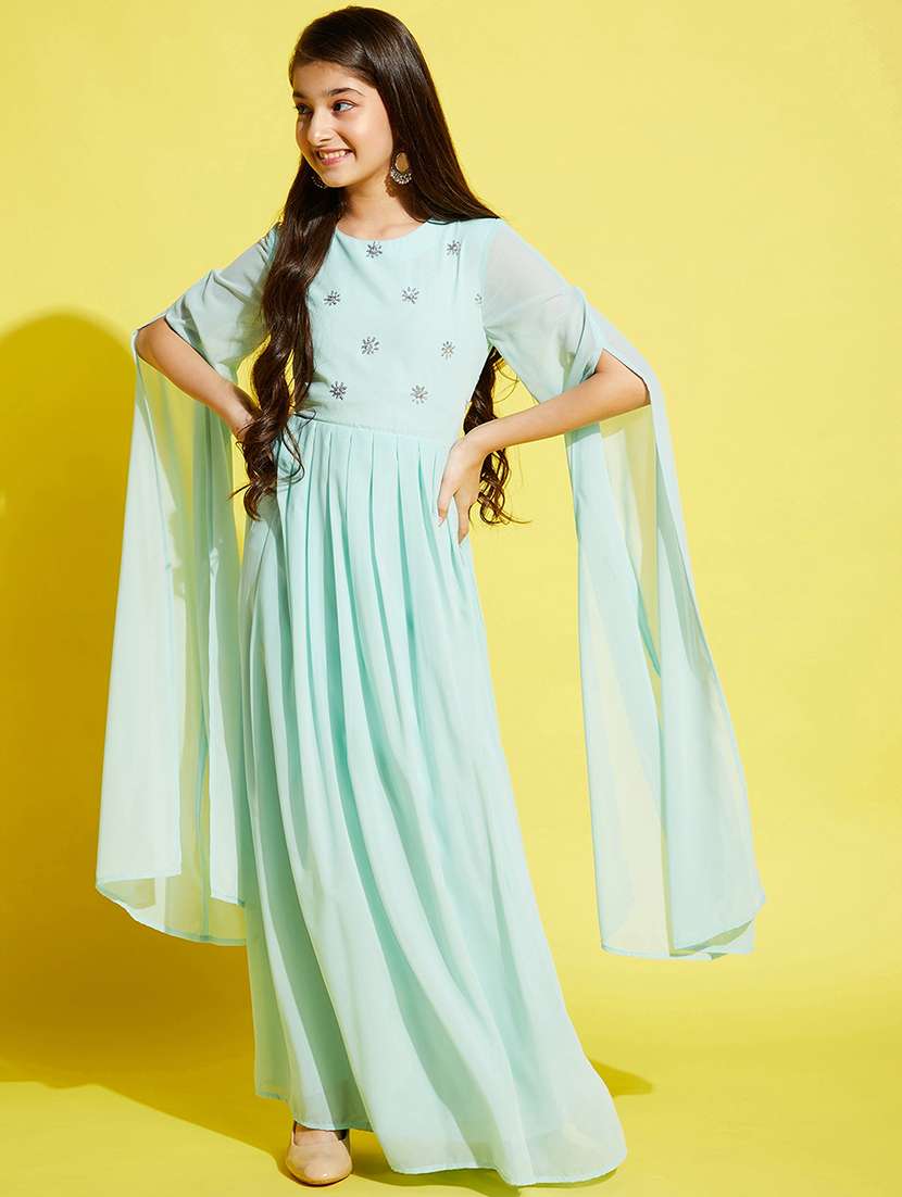 girls light blue embroidered long sleeve gown