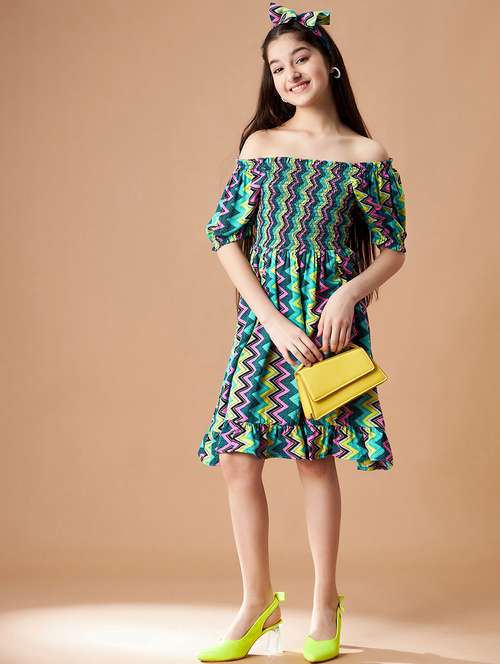 girls printed off shoulder tiered dress - 21718575 -  Standard Image - 0