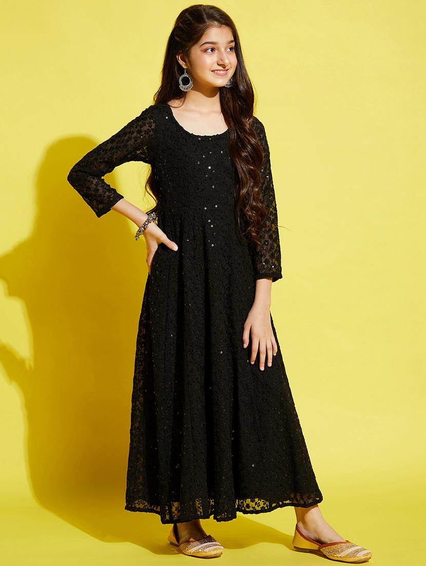 girls black embroidered long sleeve gown - 21718580 - Standard Image - 2
