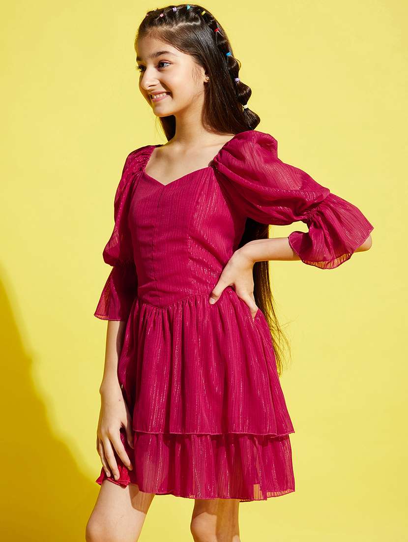 girls solid puff sleeves backless layered dress - 21718587 -  Standard Image - 2