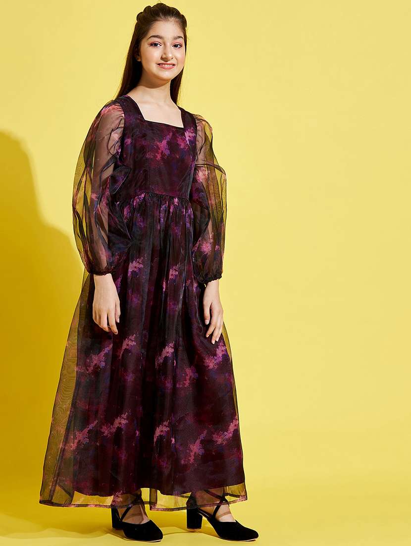 girls printed puff sleeves fit & flared dress - 21718609 -  Standard Image - 2