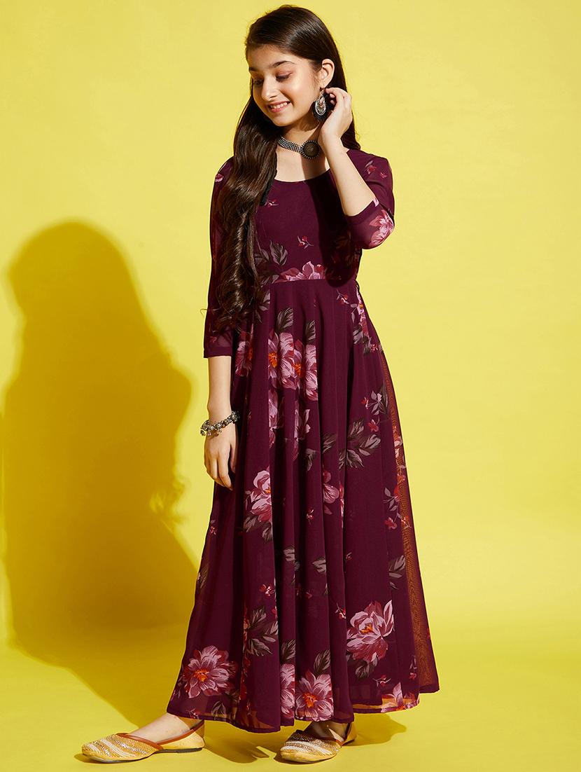 girls floral print round neck fit & flared dress - 21718614 - Standard Image - 2