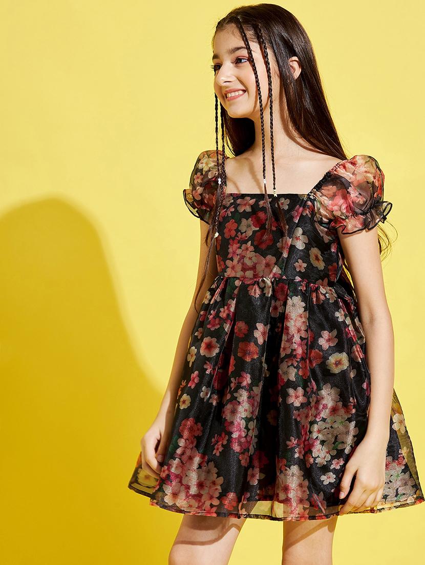 girls floral printed puff sleeves fit & flare dress - 21718624 - Standard Image - 2