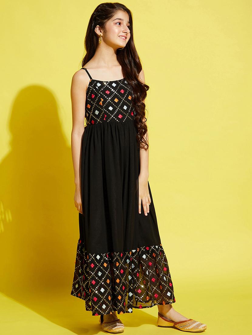 girls black embroidered shoulder strap gown - 21718632 - Standard Image - 2