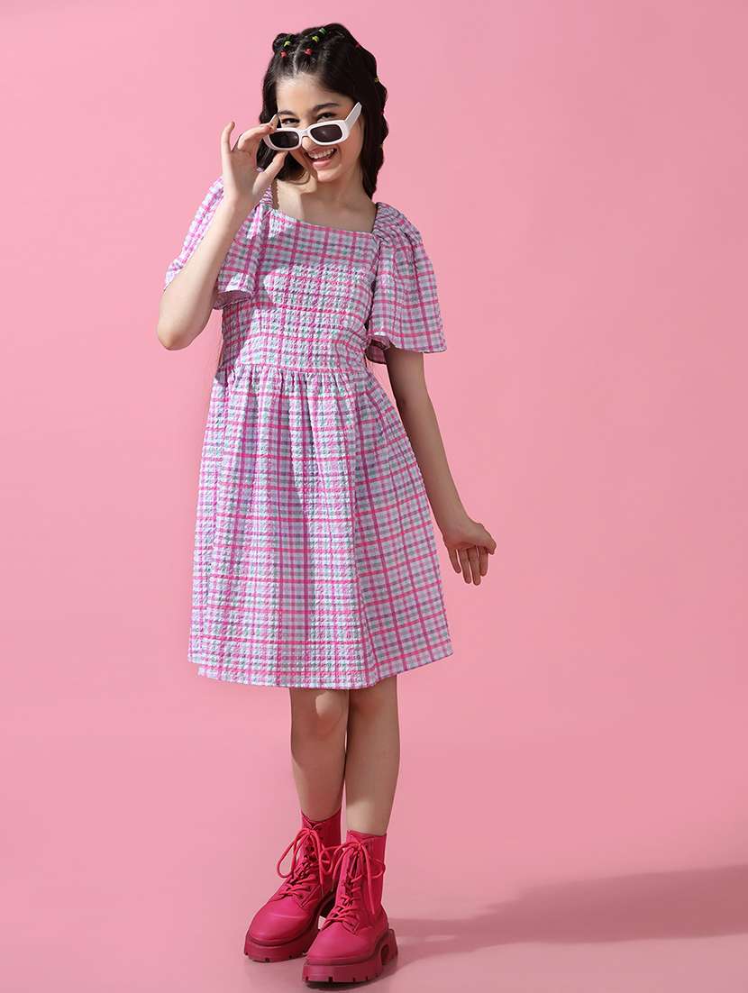 girls checkered flared sleeves a-line dress
