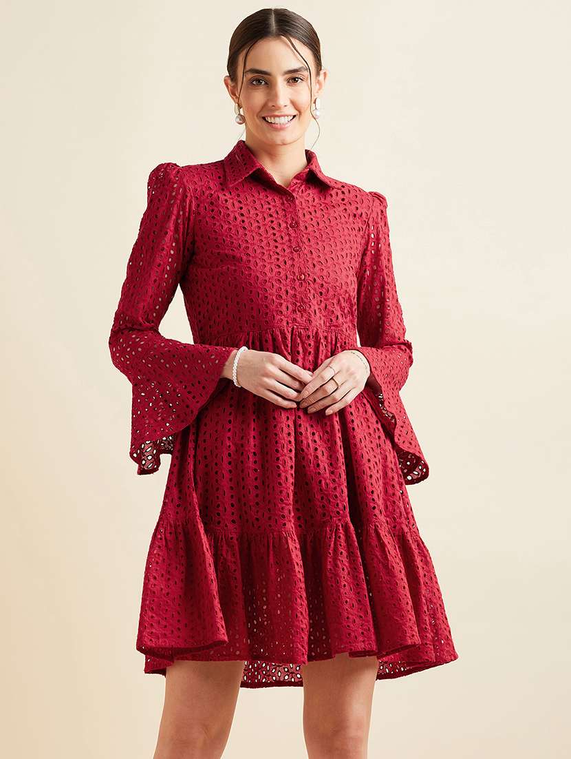 women solid collared bell sleeves tiered dress