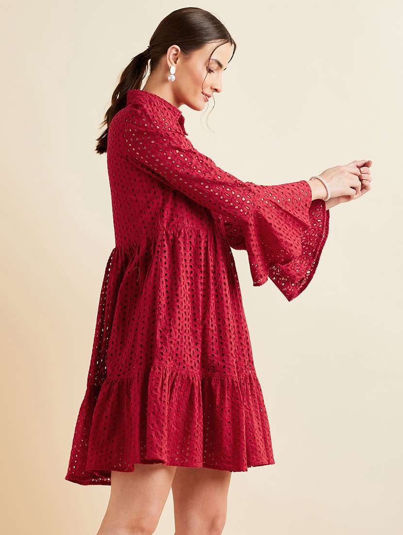 women solid collared bell sleeves tiered dress - 21718687 - Standard Image - 2