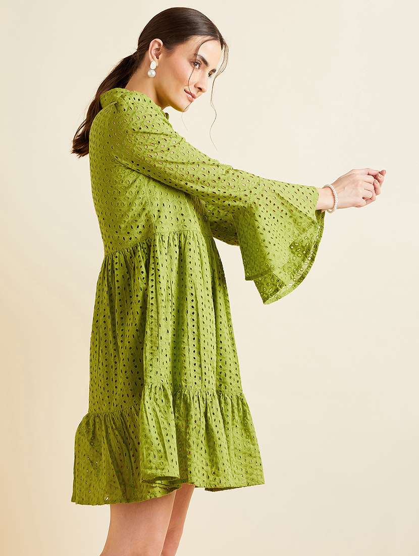 women solid collared bell sleeves tiered dress - 21718688 - Standard Image - 2