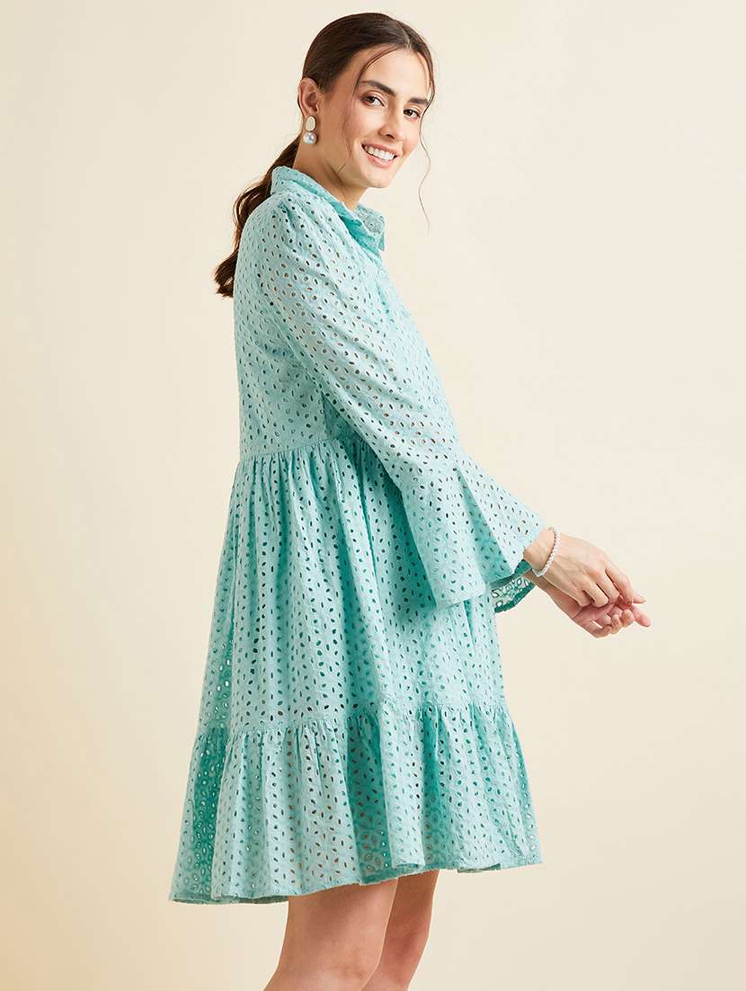 women solid collared bell sleeves dress - 21718689 - Standard Image - 2