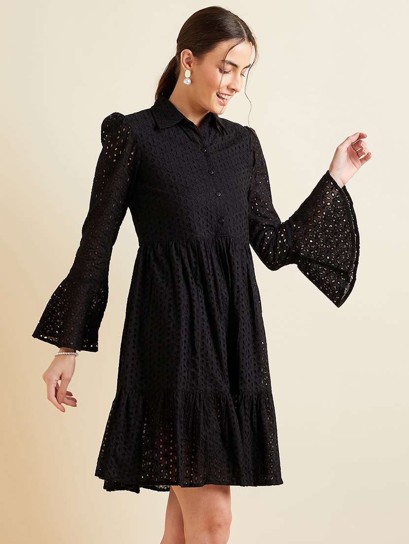 women solid collared bell sleeves tiered dress - 21718690 -  Standard Image - 2