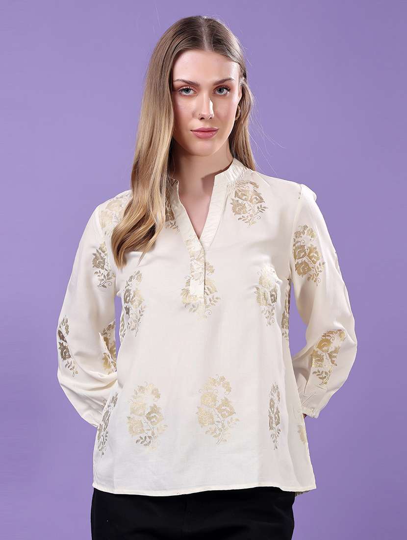 women foil print mandarin neck regular top