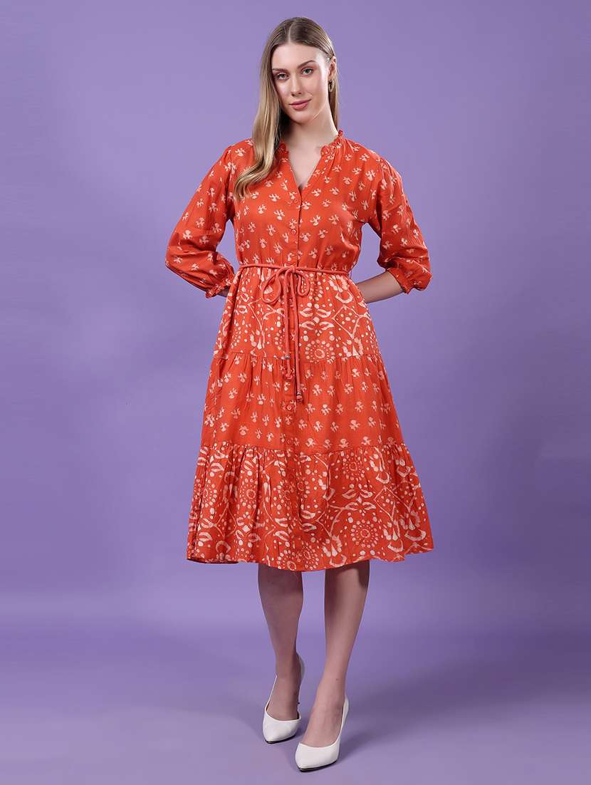 women printed puff sleeves tiered dress