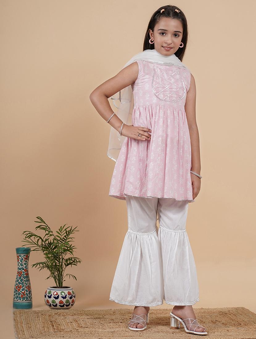 girls floral mandarin neck kurta palazzo set with dupatta - 21719695 - Standard Image - 2