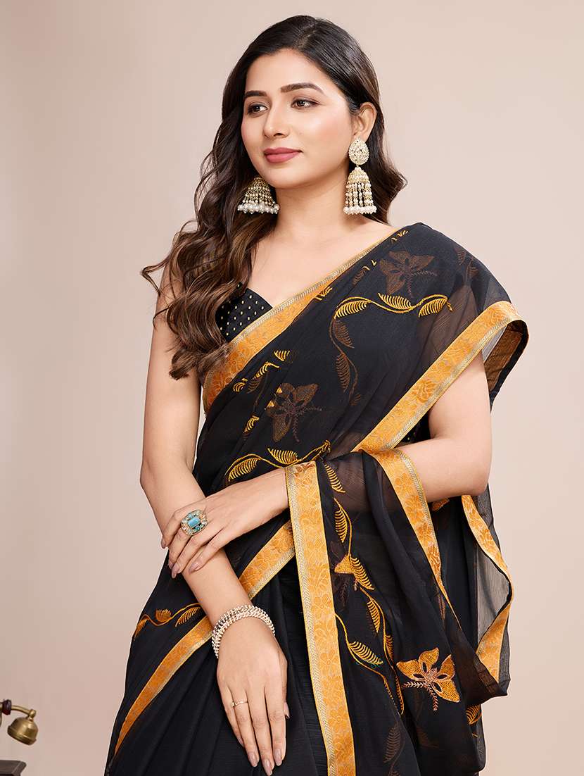 women black embroidered saree with blouse - 21719750 - Standard Image - 2