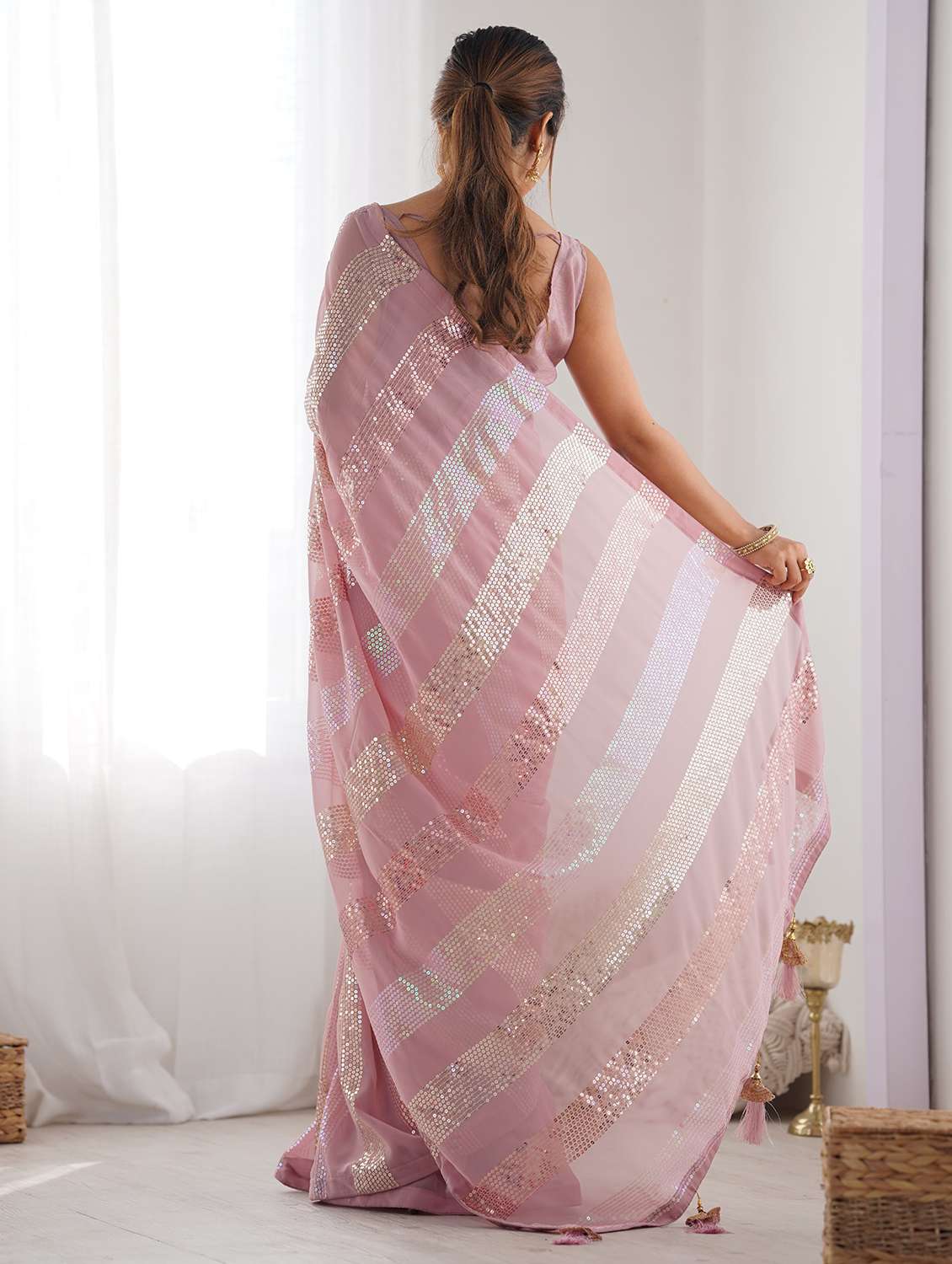 women pink sequin work saree with blouse - 21719763 -  Standard Image - 2