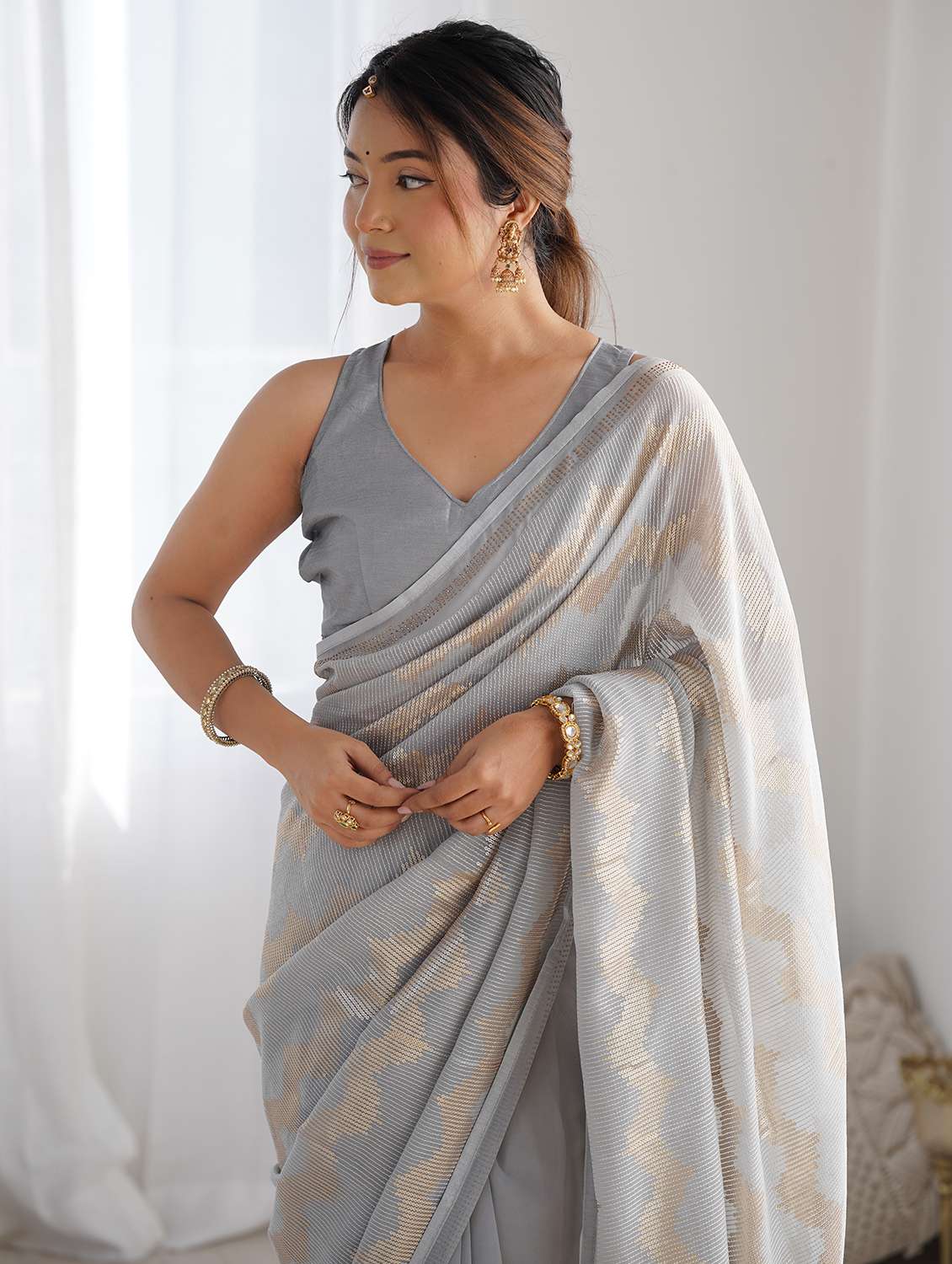 women grey sequin work saree with blouse - 21719791 -  Standard Image - 2