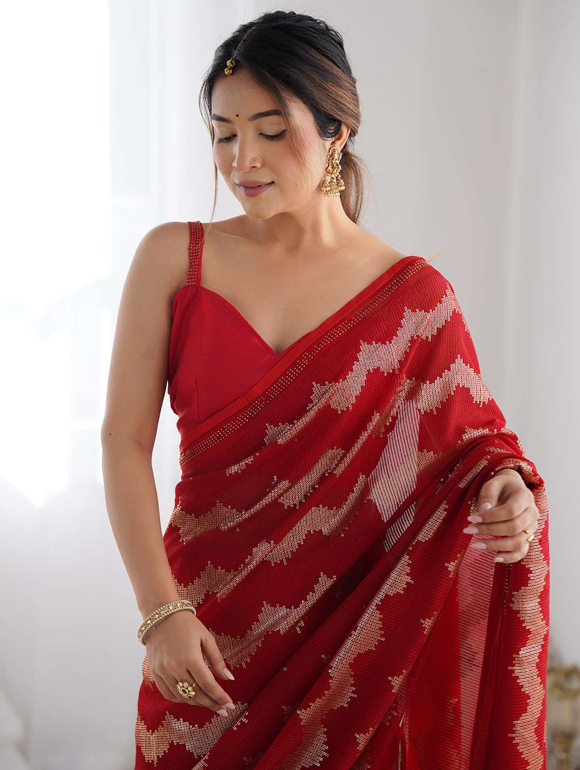 women red sequin work saree with blouse - 21719793 -  Standard Image - 2