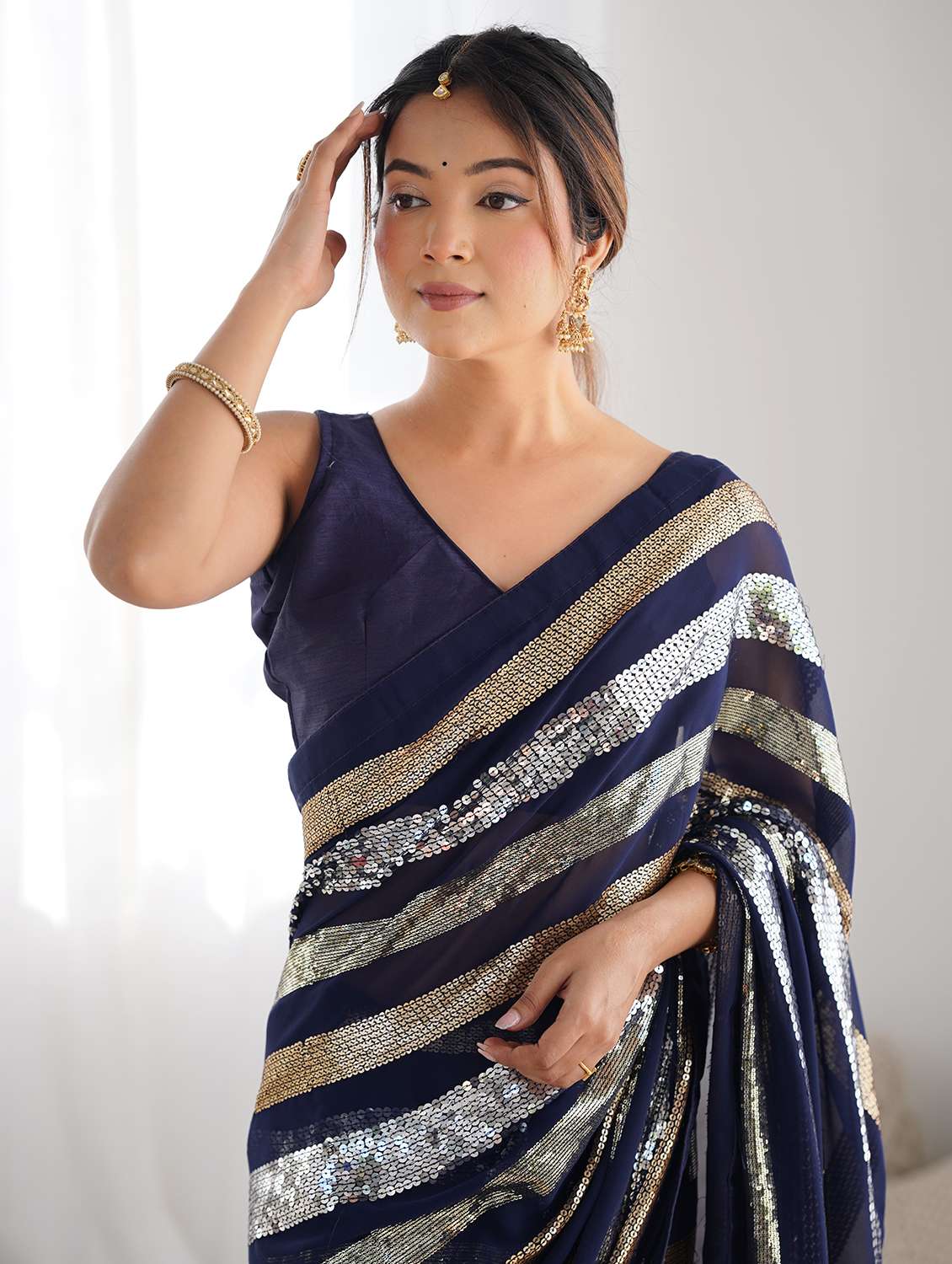 women blue sequin work saree with blouse - 21719796 -  Standard Image - 2