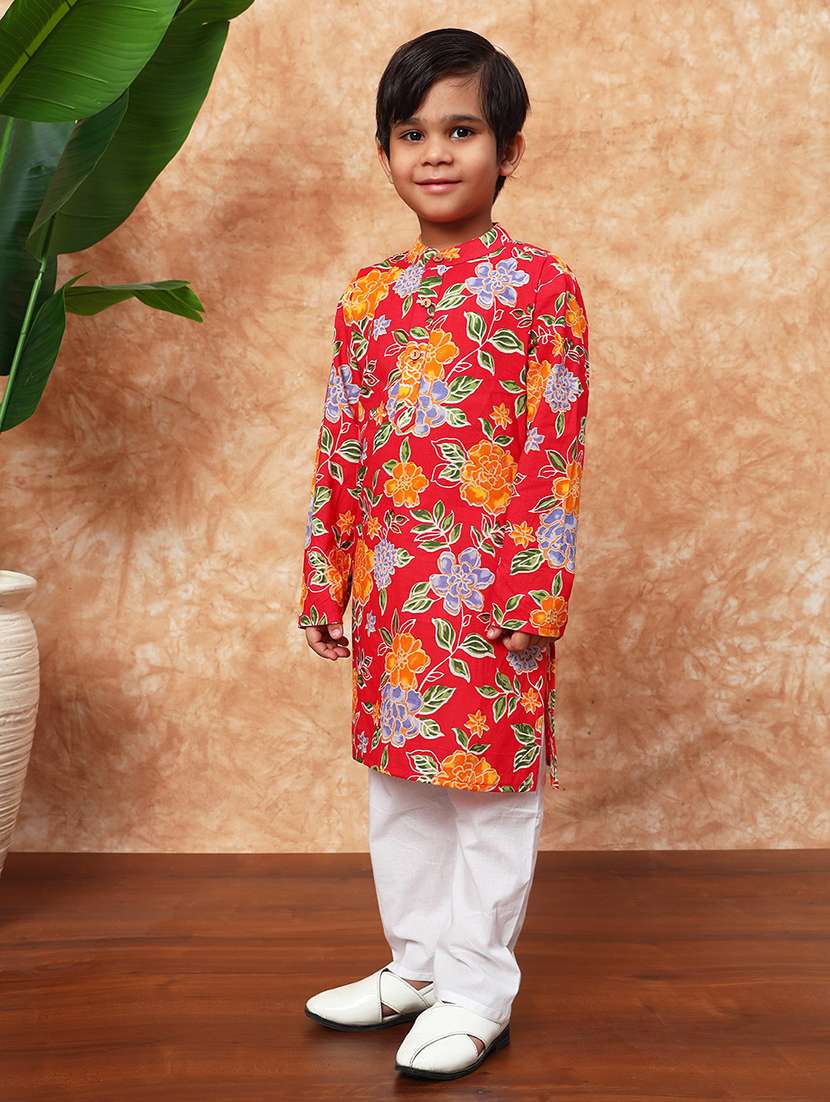 boys mandarin neck printed kurta pyjama set  - 21719822 -  Standard Image - 2