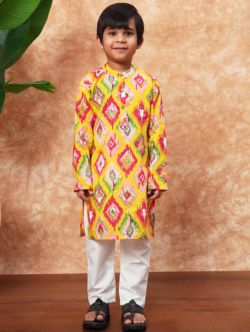 boys mandarin neck printed kurta pyjama set 
