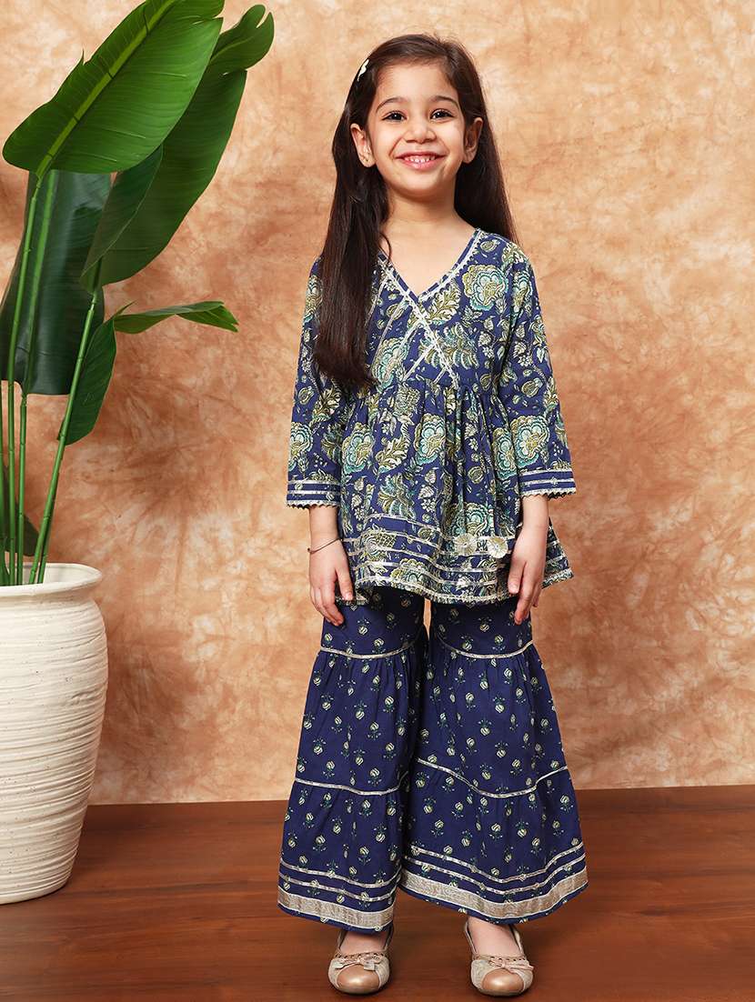 girls printed cotton kurta sharara set   
