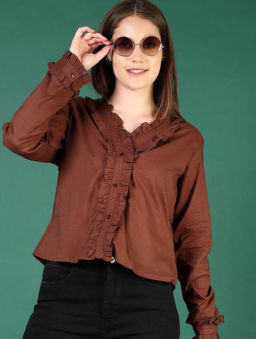 women brown solid long sleeve regular shirt - 21719989 -  Standard Image - 0