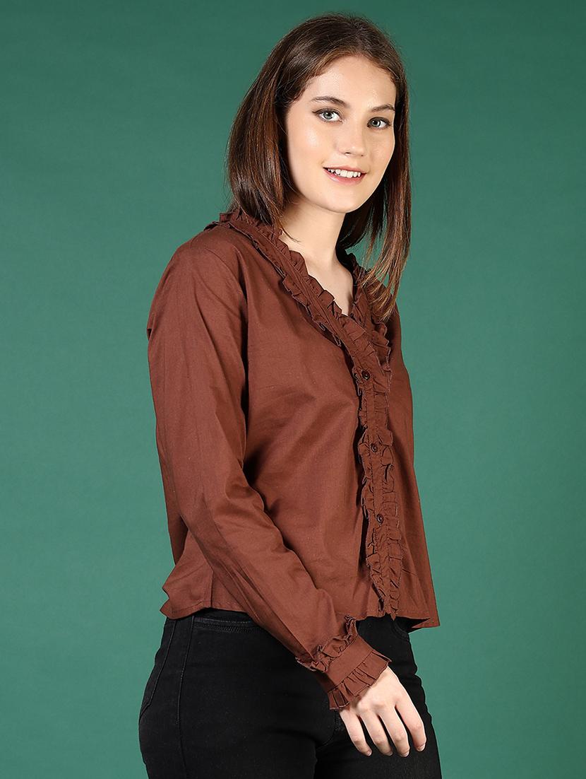women brown solid long sleeve regular shirt - 21719989 - Standard Image - 2