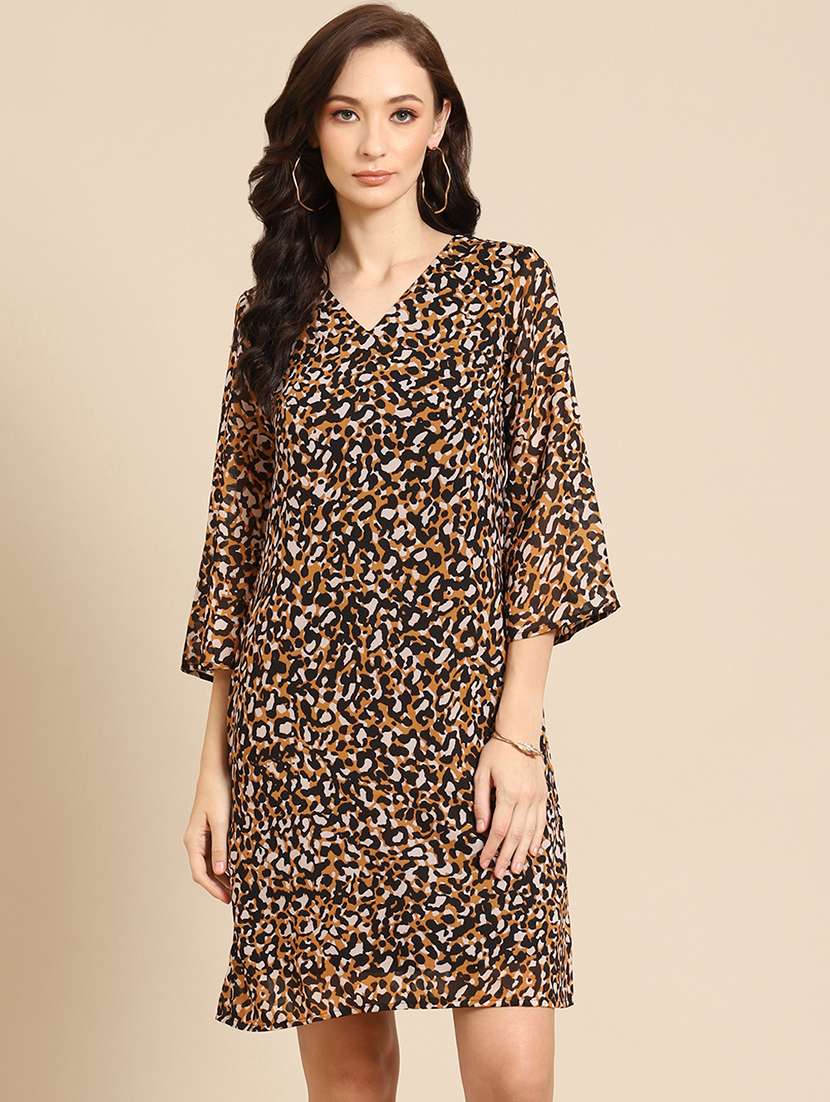 women animal print bell sleeves a-line dress