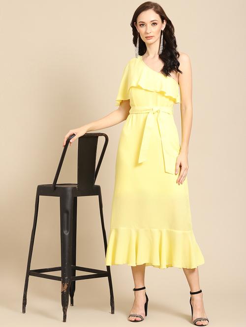 women solid single shoulder ruffle dress - 21720094 - Standard Image - 0