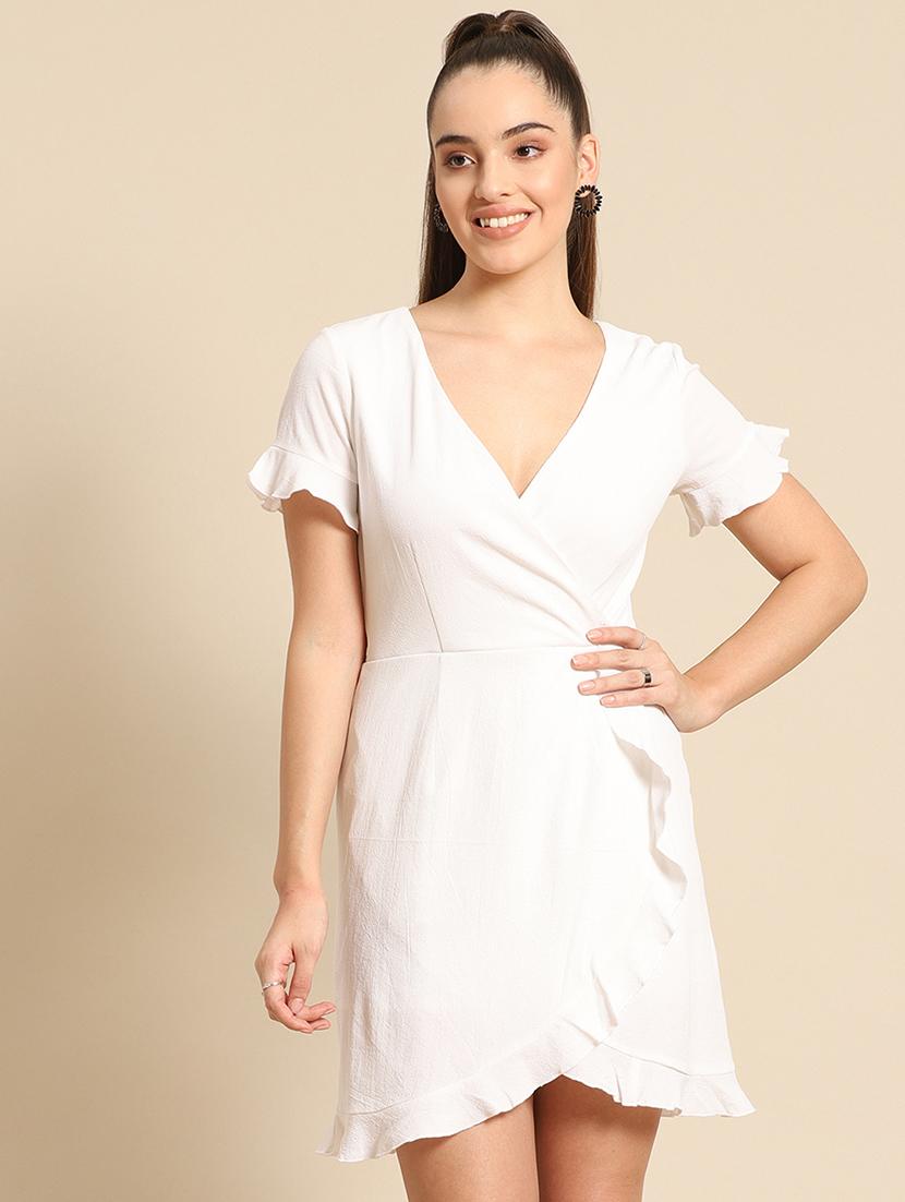 women solid short sleeves wrap dress - 21720106 - Zoom Image - 0