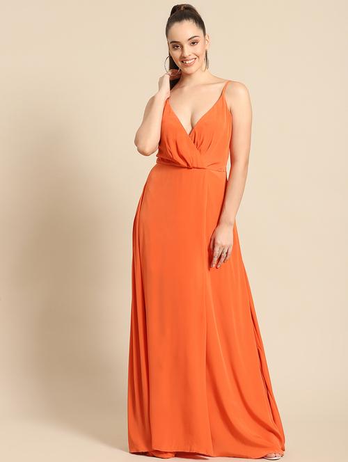 women solid shoulder strap high slit dress - 21720108 -  Standard Image - 0