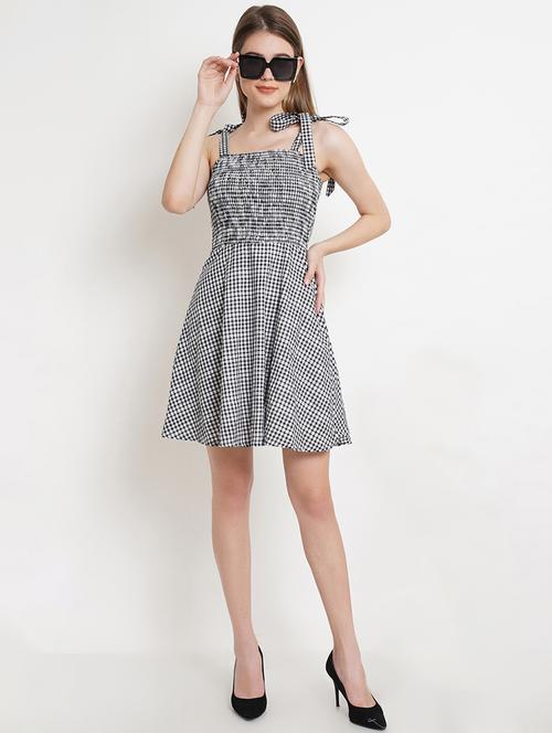 women checkered shoulder strap fit & flare dress - 21720110 - Standard Image - 0