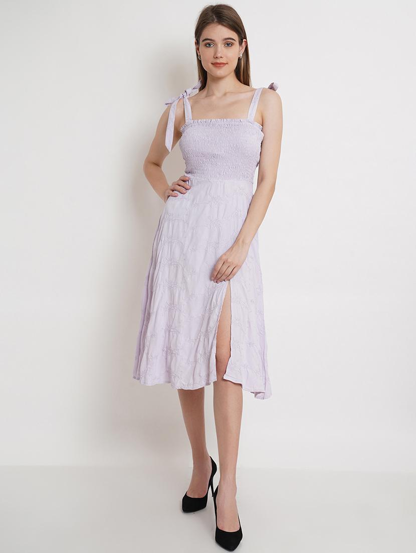 women solid smoked detailed a-line dress - 21720111 -  Zoom Image - 0