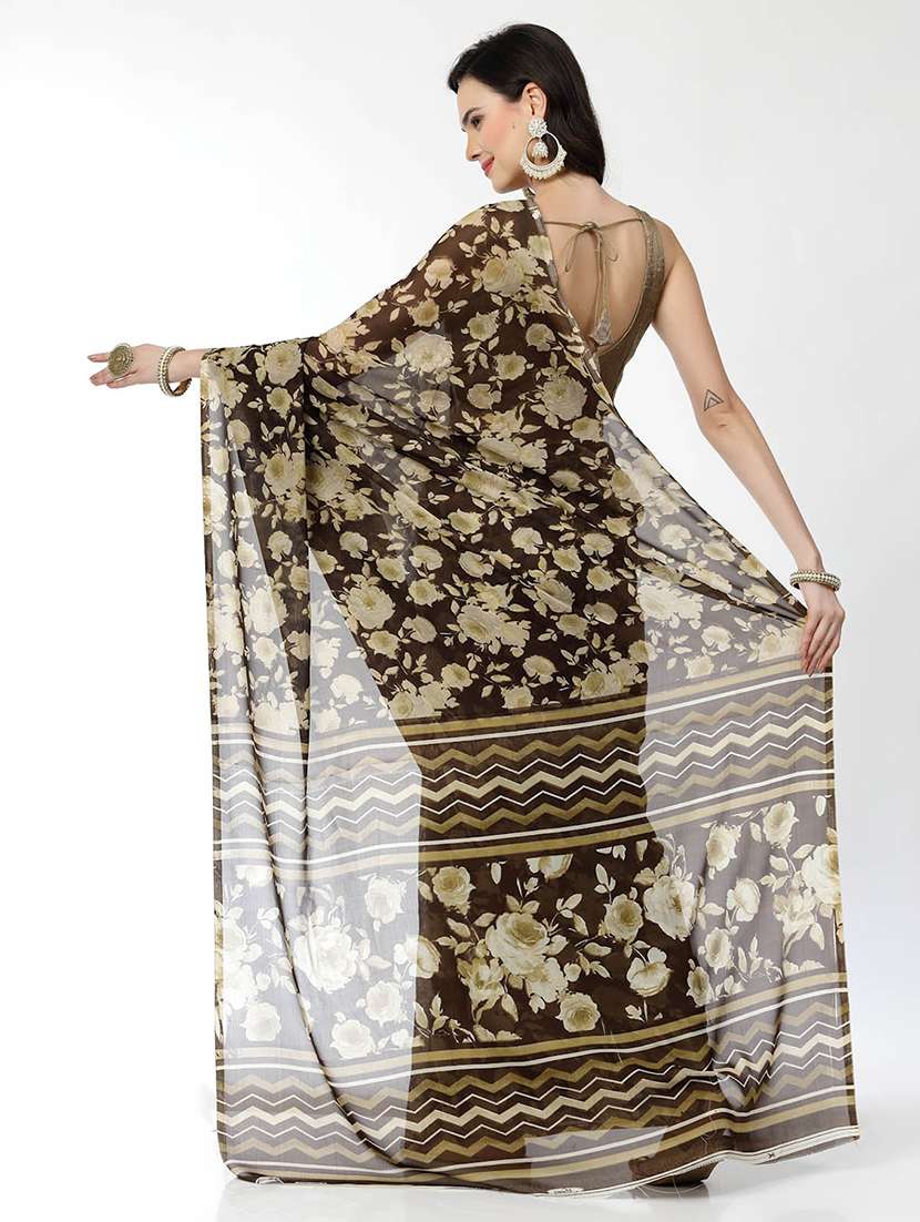 women brown floral printed saree with blouse - 21720152 -  Standard Image - 2