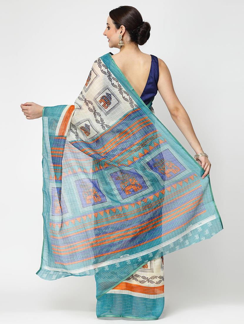 women turquoise printed bordered saree with blouse - 21720178 - Standard Image - 2