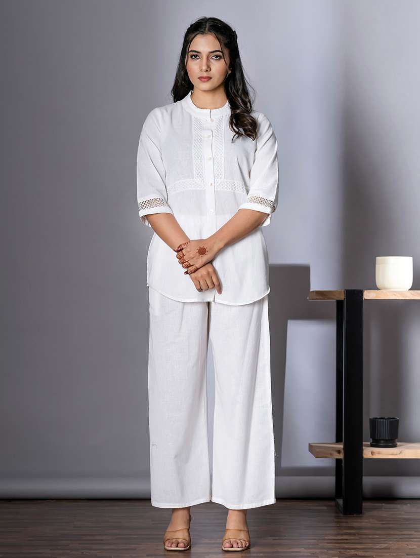 women white solid three quarter sleeve co-ords set