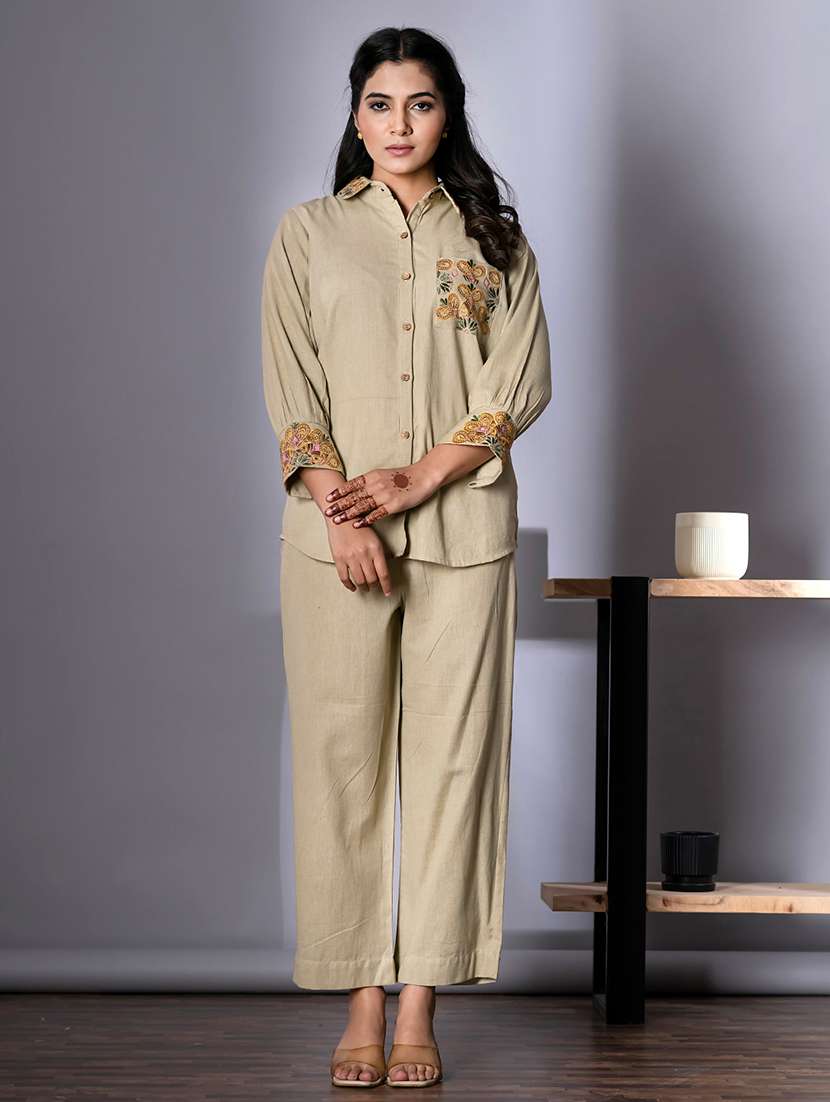 women embroidered shirt collar neck co-ord sets