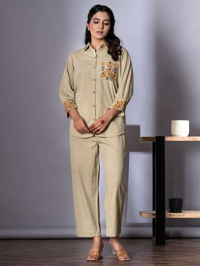 women embroidered shirt collar neck co-ord sets - 21720297 -  Standard Image - 2