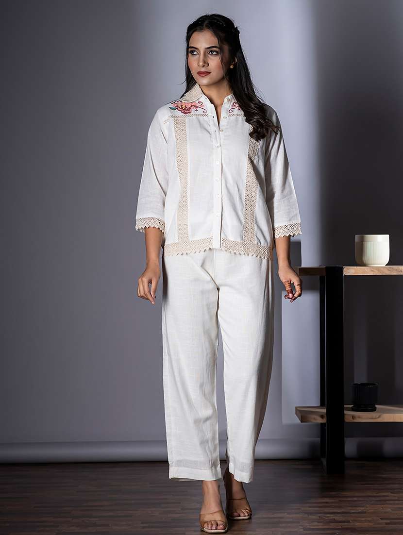 women embroidered shirt collar neck co-ord sets