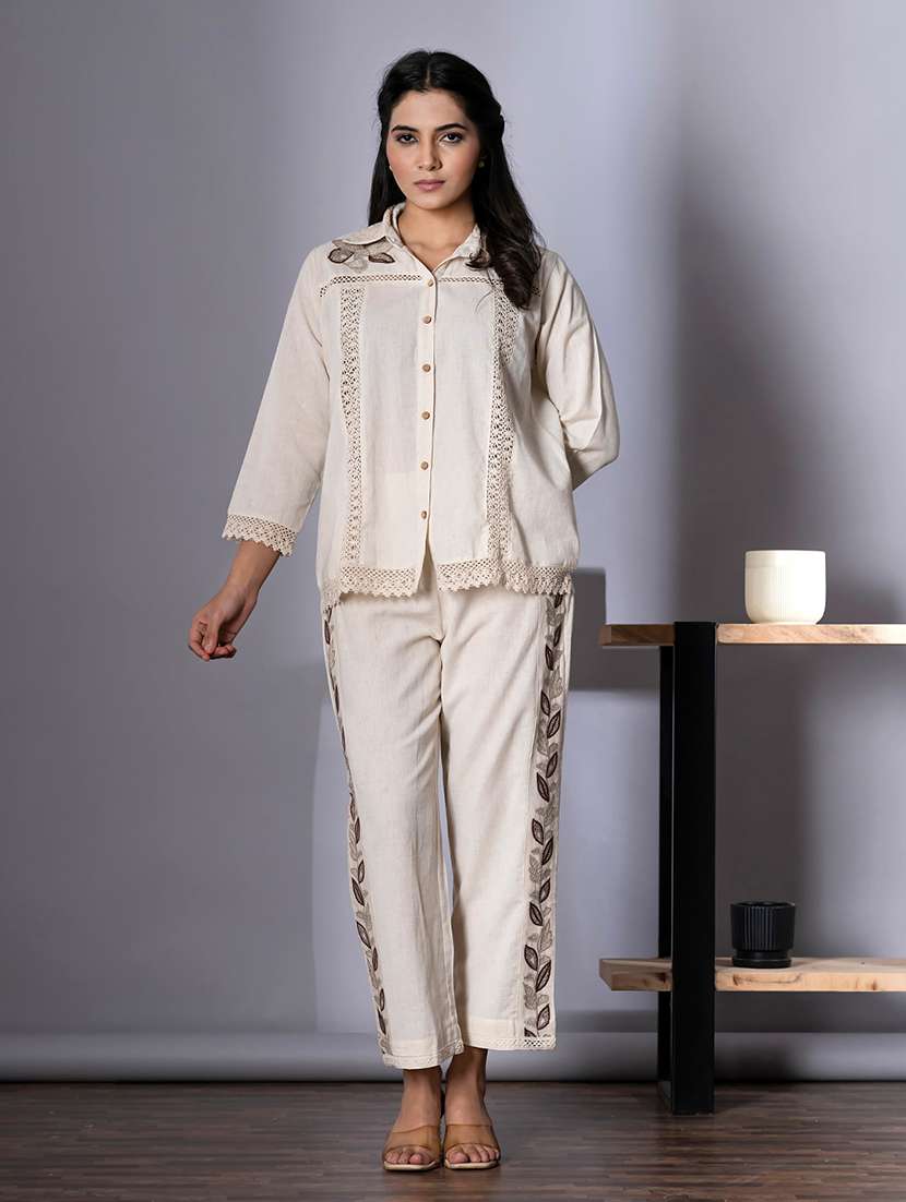 women embroidered shirt collar neck co-ord sets